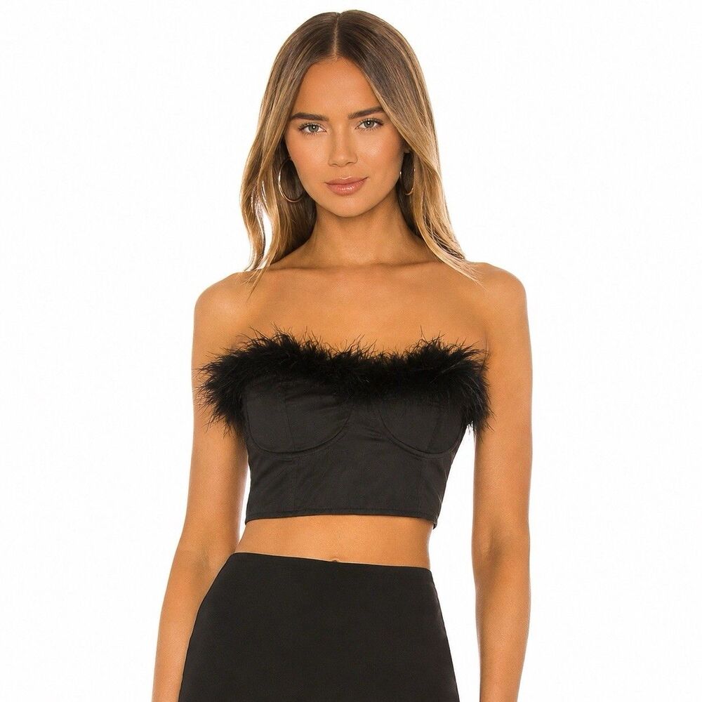 Le Lis Black Feather Trim Corset Bustier Crop Top Party Going Out Women Size S